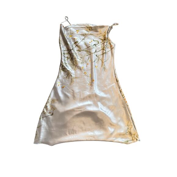 Silver Satin Cowl Neck Slip Dress with Botanical Bird Print in Size Medium - Picture 4 of 5